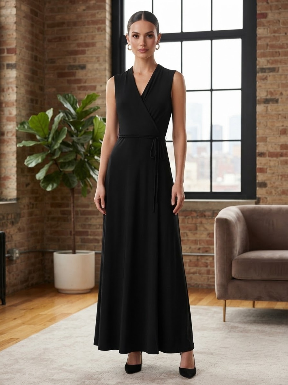 White House Black Market Black Sleeveless Wrap Maxi Dress